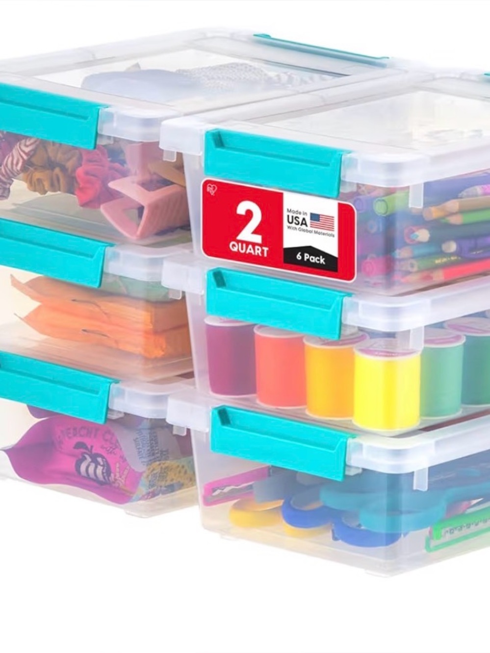 Clear Stackable 2-Quart Storage Boxes with Teal Latches - 10 storage boxes /lids